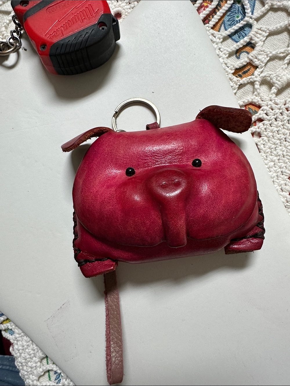 Cute Pig Leather Coin Pouch Keychain - Pink